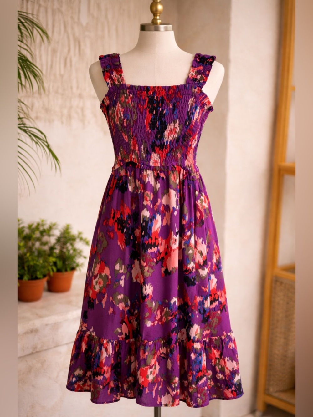 Entro Purple Floral Smocked Sundress